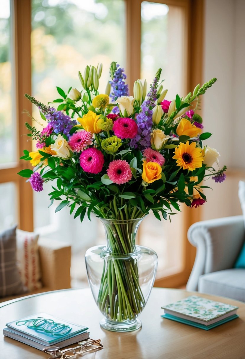 A vase holds a colorful bouquet of fresh flowers, arranged for a wedding anniversary celebration at home