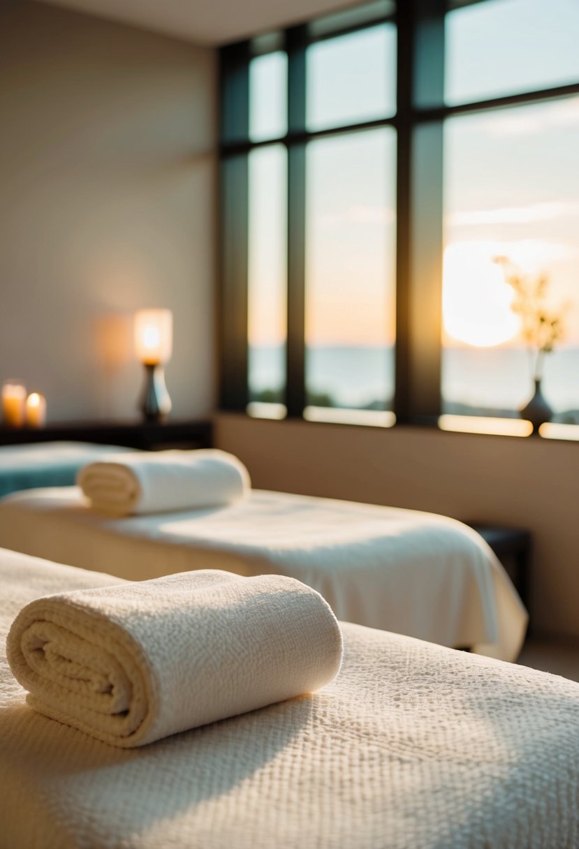 A serene spa room with two massage tables, soft lighting, and a tranquil atmosphere