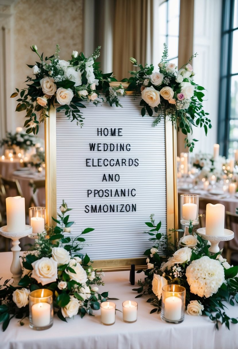 A wedding letter board surrounded by flowers, candles, and elegant decor, creating a romantic and personalized atmosphere