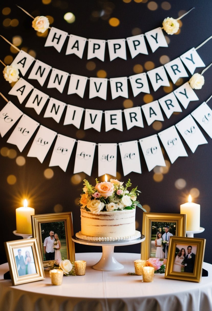 A 'Happy Anniversary' banner hangs above a table set with flowers and candles, surrounded by framed photos and a cake