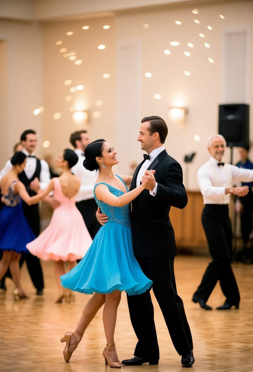 A couple gracefully waltzing in a ballroom, surrounded by other dancers and an instructor, with music playing in the background