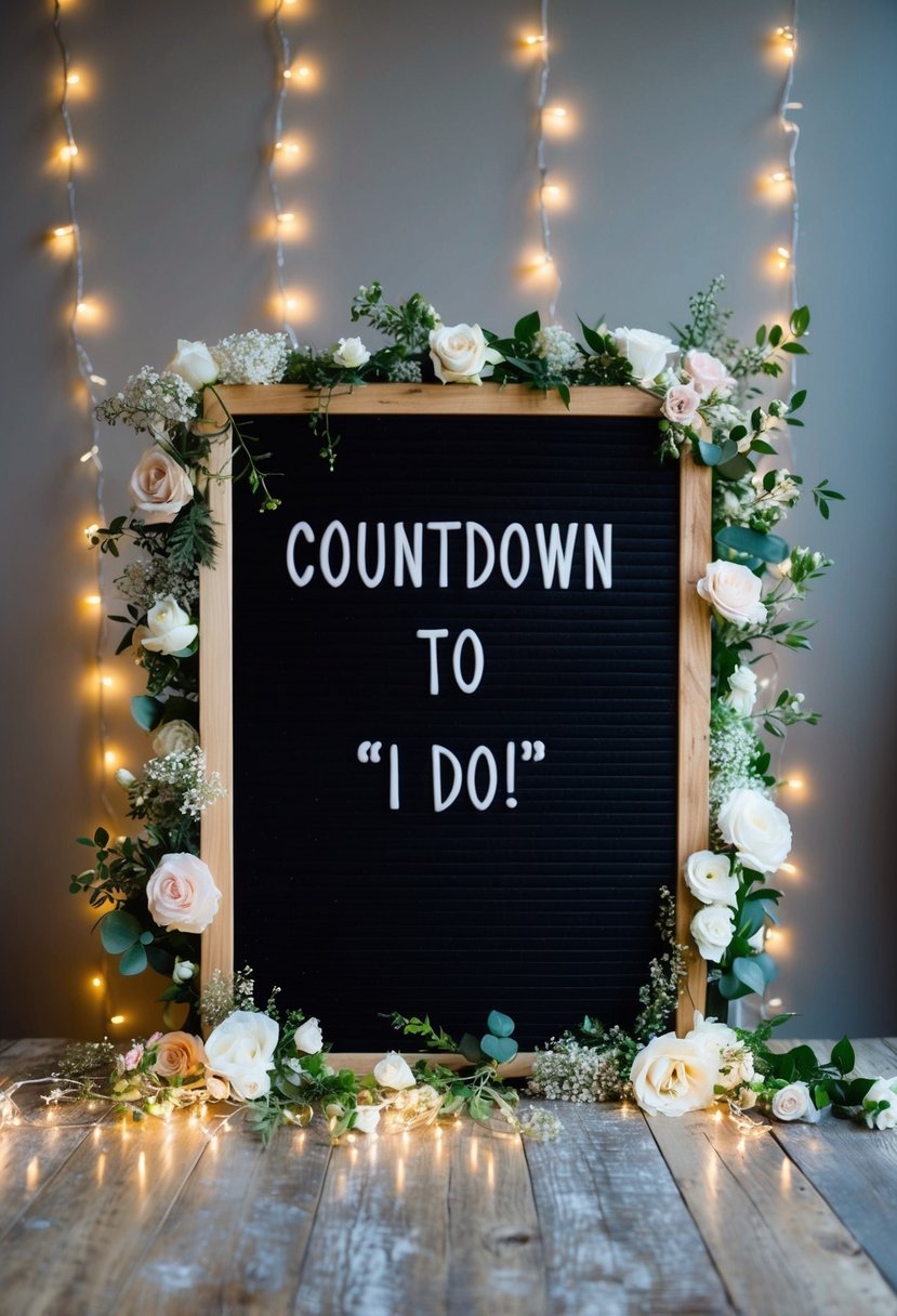 A rustic wooden letter board with the words "Countdown to 'I do'!" surrounded by delicate floral arrangements and twinkling fairy lights