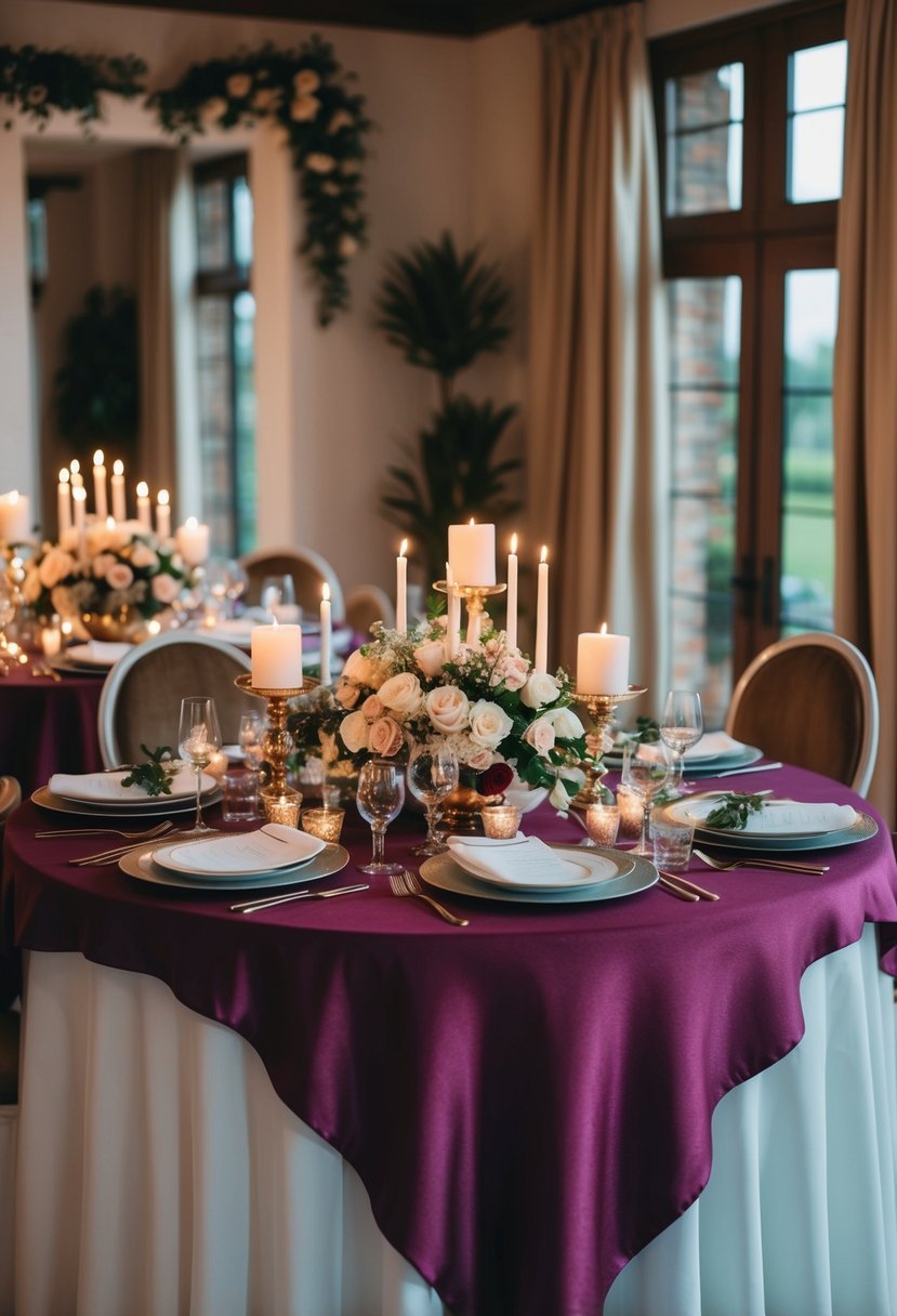 Rich fabrics drape tables, adorned with candles and flowers, for a luxurious wedding anniversary celebration at home