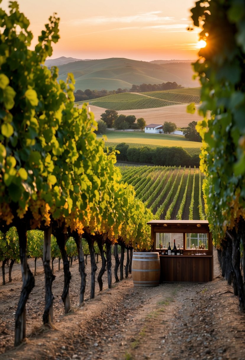 A charming vineyard with rows of grapevines, a rustic tasting room, and a picturesque view of rolling hills and a sunset