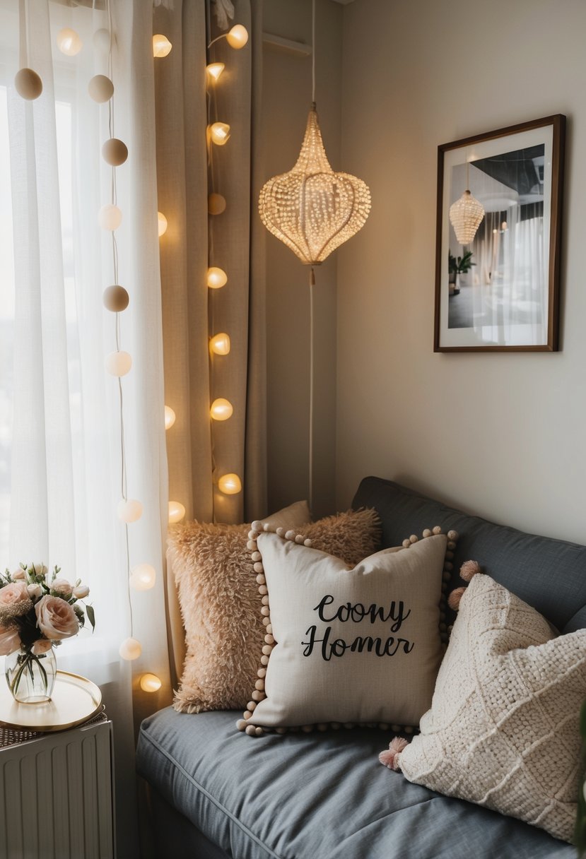 A cozy corner with cushions, soft lighting, and romantic decor for a wedding anniversary celebration at home