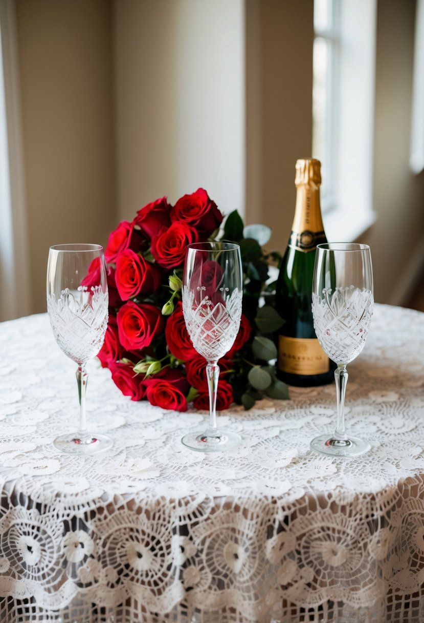 A table set with a white lace tablecloth, adorned with a bouquet of red roses, a bottle of champagne, and two crystal champagne flutes