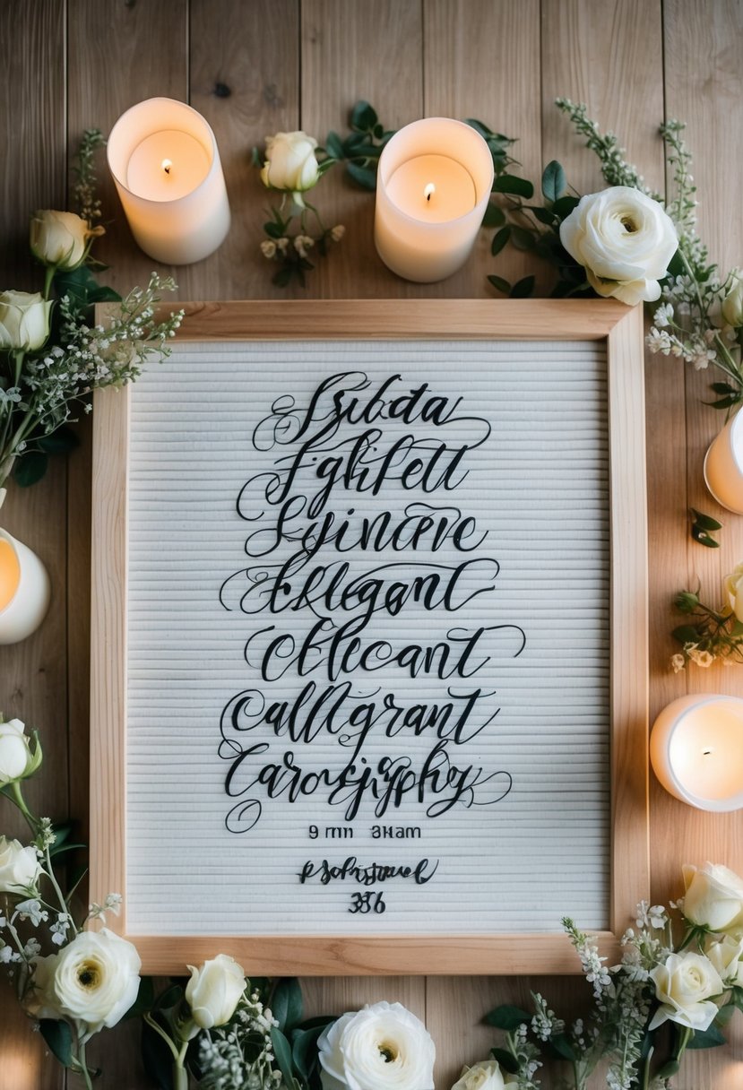 A rustic wooden letter board with elegant calligraphy, surrounded by delicate floral arrangements and soft candlelight