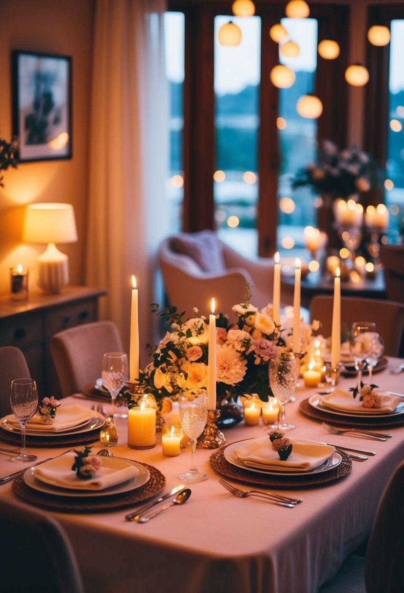 Soft, warm light illuminates a cozy home adorned with romantic wedding anniversary decorations. A table set with candles and flowers creates a warm, intimate atmosphere