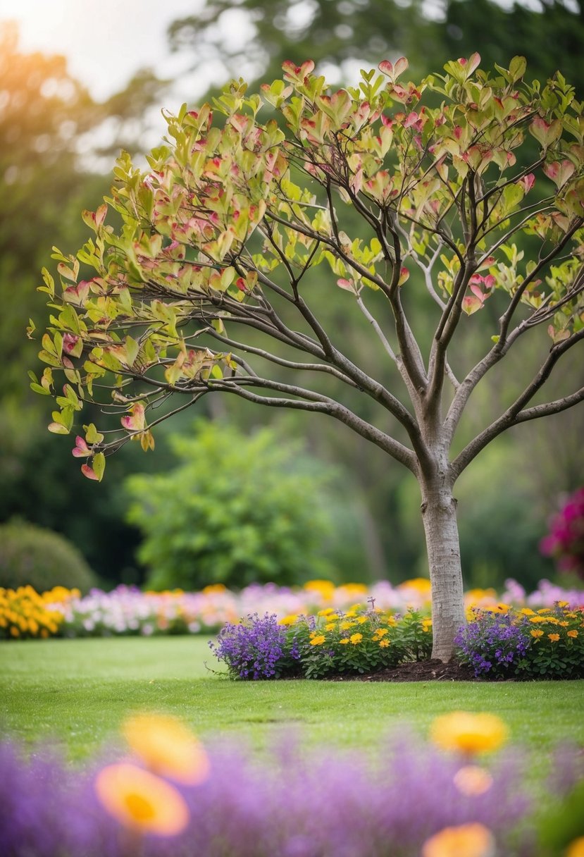 A mature tree with heart-shaped leaves sprouting from its branches, surrounded by colorful flowers and a serene, romantic setting