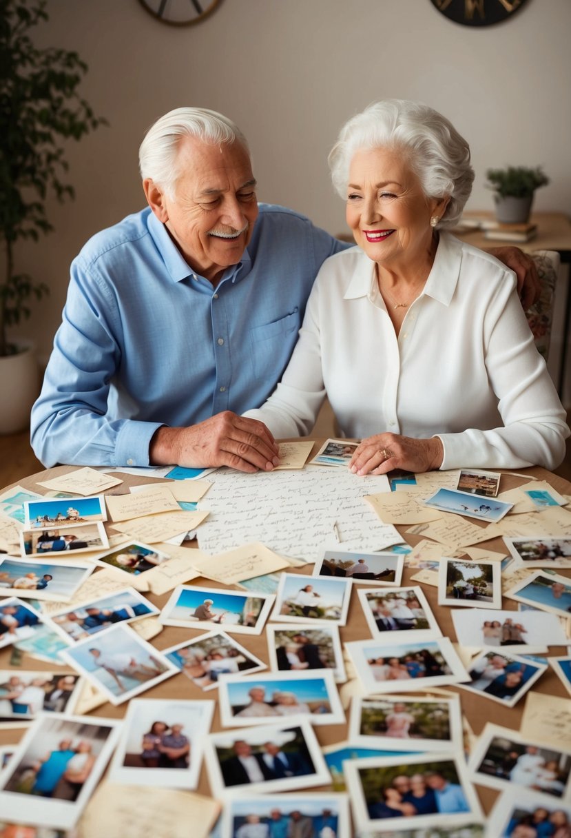 An elderly couple sits at a table covered in love letters, surrounded by photos from their 66 years together. They smile as they reminisce about their journey