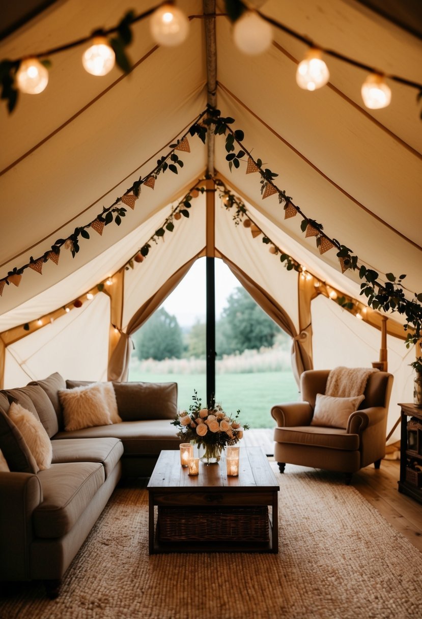 A tent is pitched in a cozy living room, adorned with romantic wedding anniversary decorations, creating a warm and intimate atmosphere