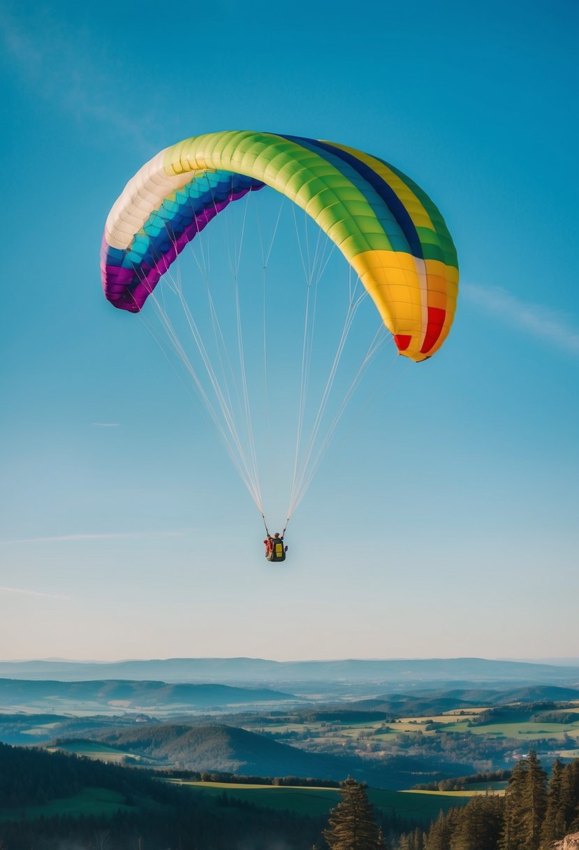 A colorful parachute gliding through the clear blue sky, with the sun shining and a picturesque landscape below