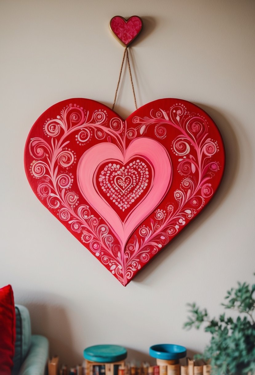 A heart-shaped canvas painted in shades of red and pink, adorned with intricate swirls and patterns, hanging on a wall in a cozy home