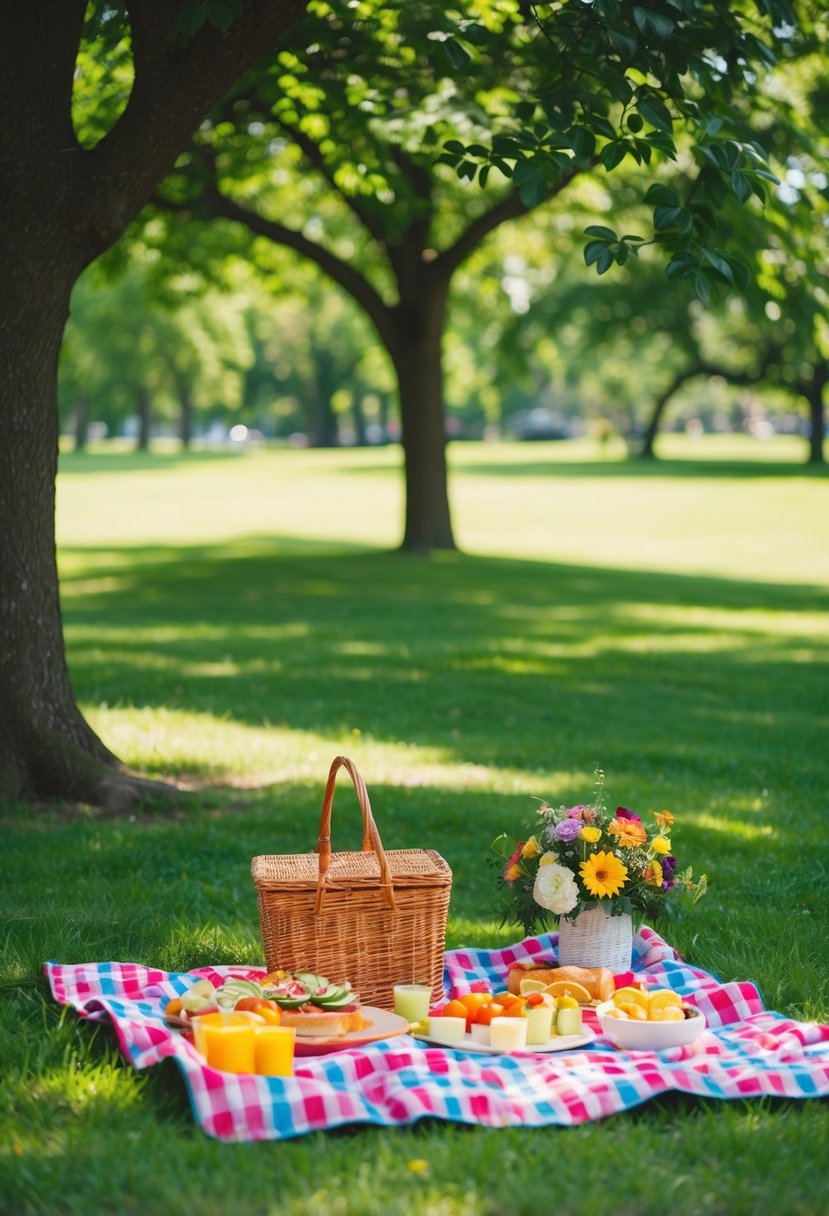 A colorful picnic spread on a checkered blanket under a shady tree in a lush park setting, with a basket of food and a bouquet of flowers