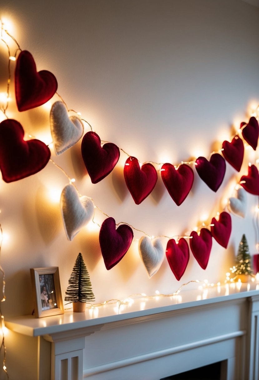 A garland of felt hearts hangs above a mantle, adorned with twinkling fairy lights, creating a warm and romantic atmosphere for a wedding anniversary celebration at home