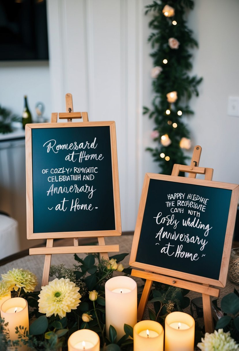 Chalkboard easels with romantic messages, surrounded by candles and flowers for a cozy wedding anniversary celebration at home