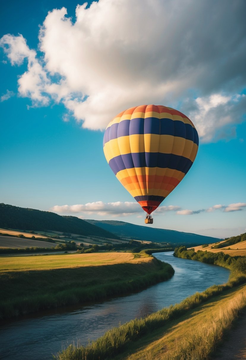 A colorful hot air balloon glides over rolling hills and a tranquil river, with a bright blue sky and fluffy white clouds above