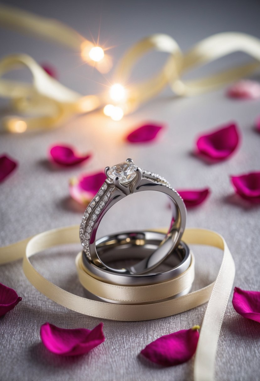 A pair of wedding rings tangled in a web of silk ribbons, surrounded by scattered rose petals and a mischievous glint in the background