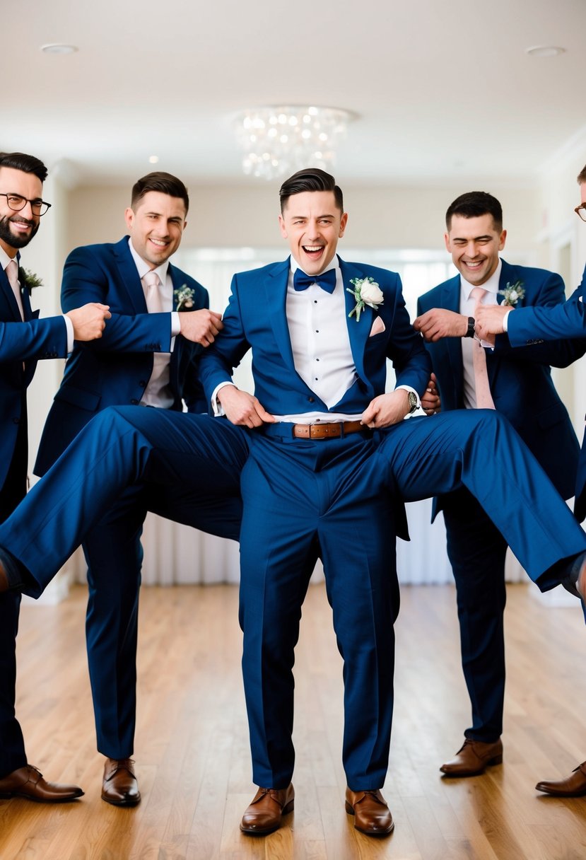 Groomsmen pulling down trousers for a humorous wedding photo