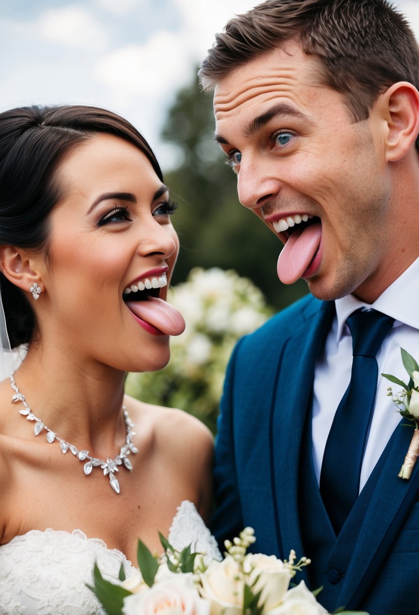 A bride and groom playfully sticking out their tongues at each other, with a mischievous and lighthearted expression