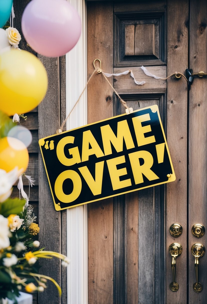 A comical 'Game Over' wedding sign hanging on a rustic wooden door, surrounded by playful wedding props and decorations