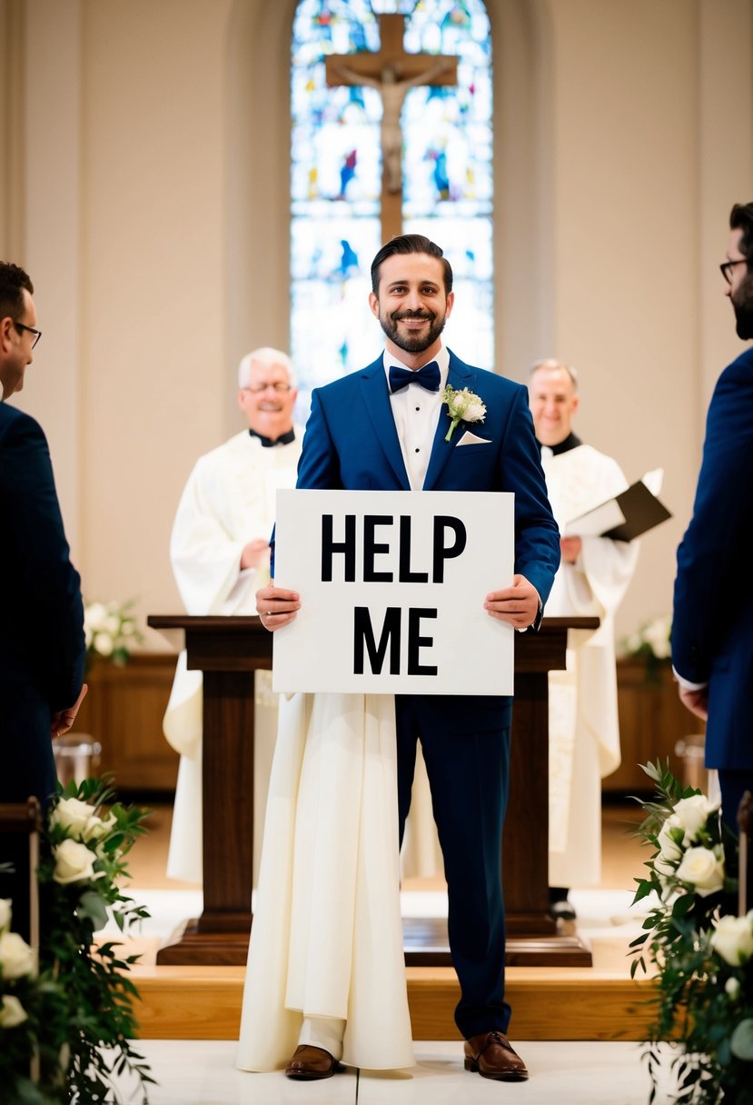 A groom holds a 'Help Me' sign while standing at the altar during wedding vows