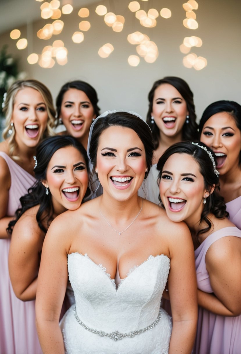 Bridesmaids making silly faces behind the bride and groom at the wedding