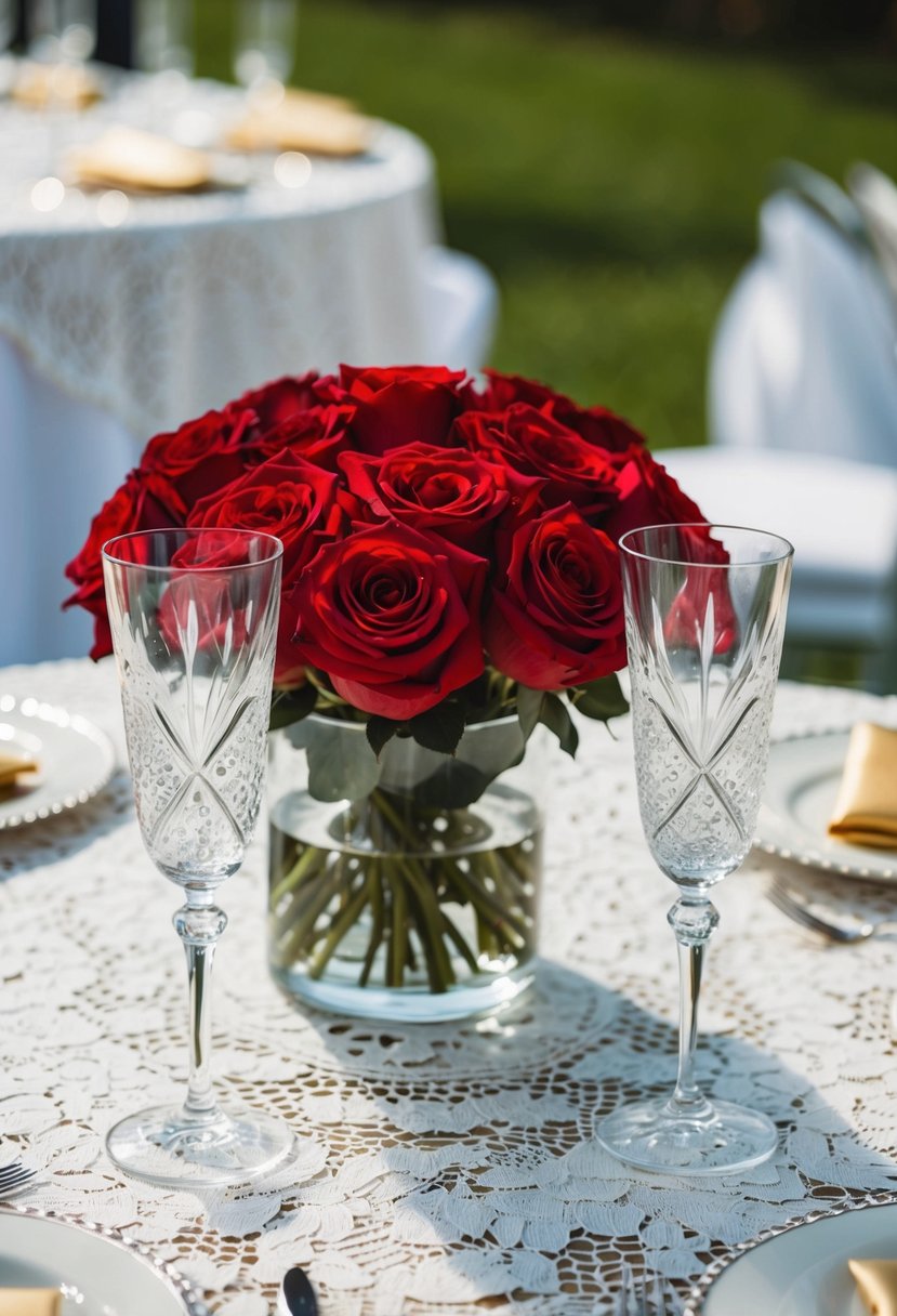 A table set with a white lace tablecloth, adorned with a bouquet of red roses and two crystal champagne flutes