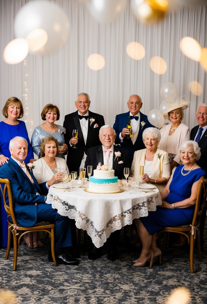 A couple seated at a beautifully decorated table, surrounded by family and friends, celebrating their 70th wedding anniversary with a cake and champagne