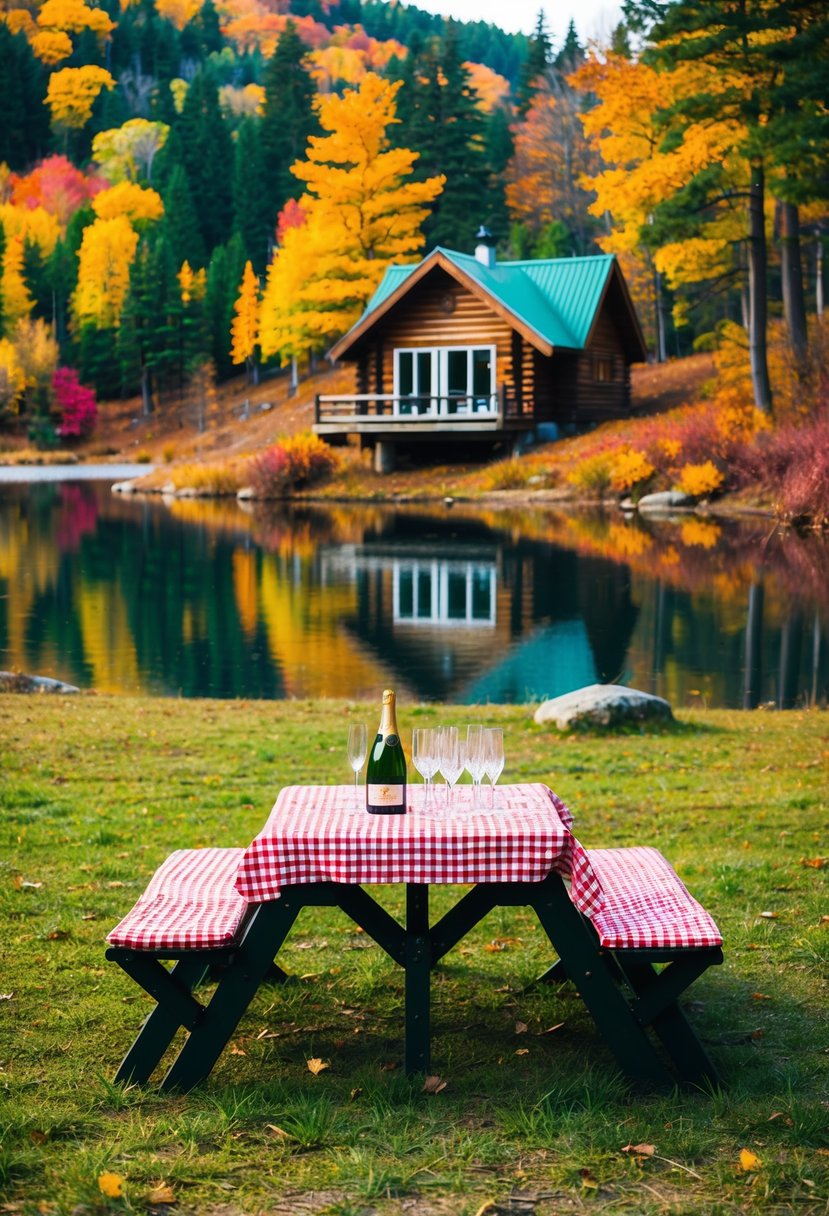 A cozy cabin nestled in a forest clearing, surrounded by colorful autumn foliage and a tranquil lake. A picnic table set with a checkered tablecloth and a bottle of champagne on ice