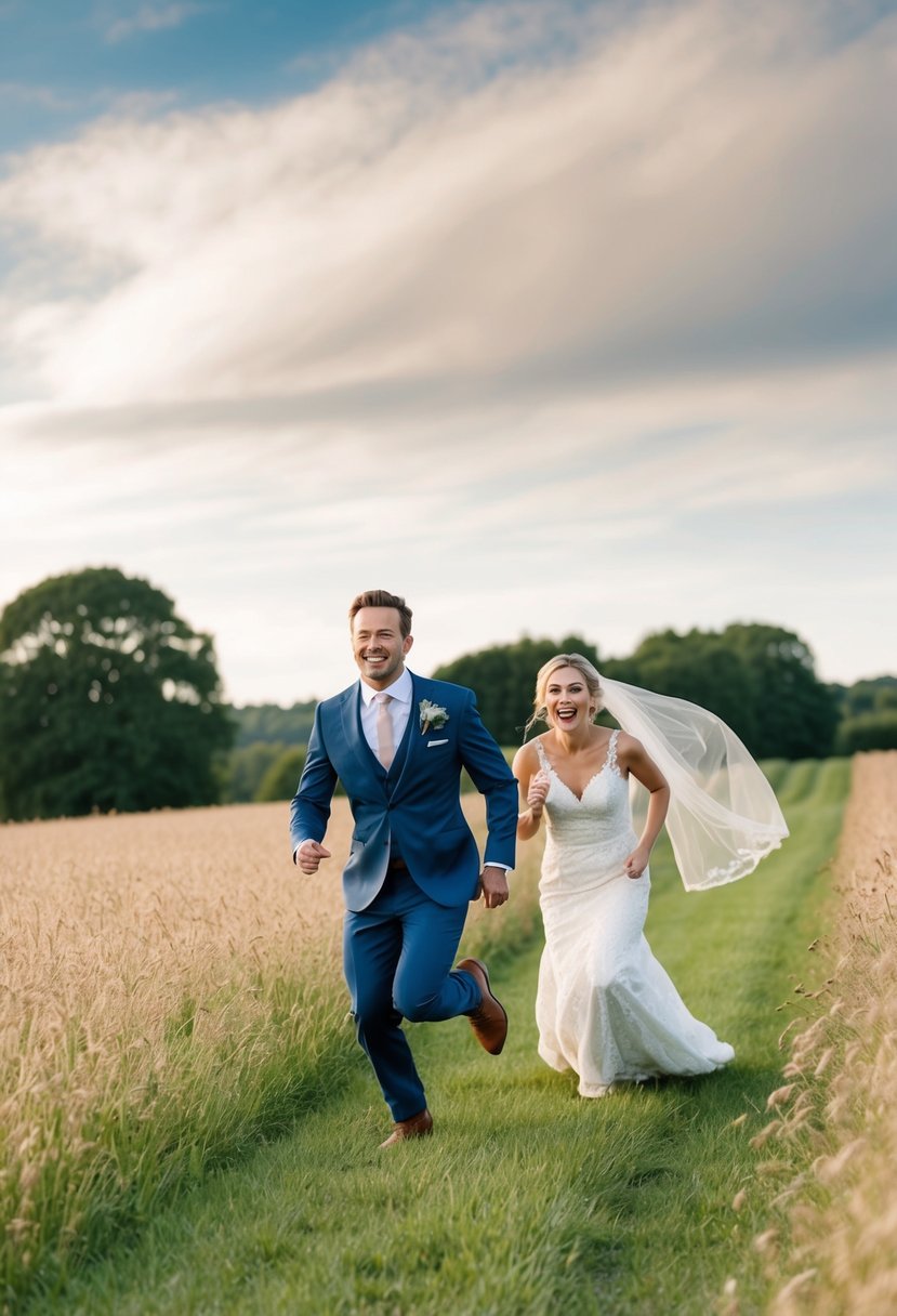 A groom running through a field with a mischievous bride in pursuit, veil flying behind her