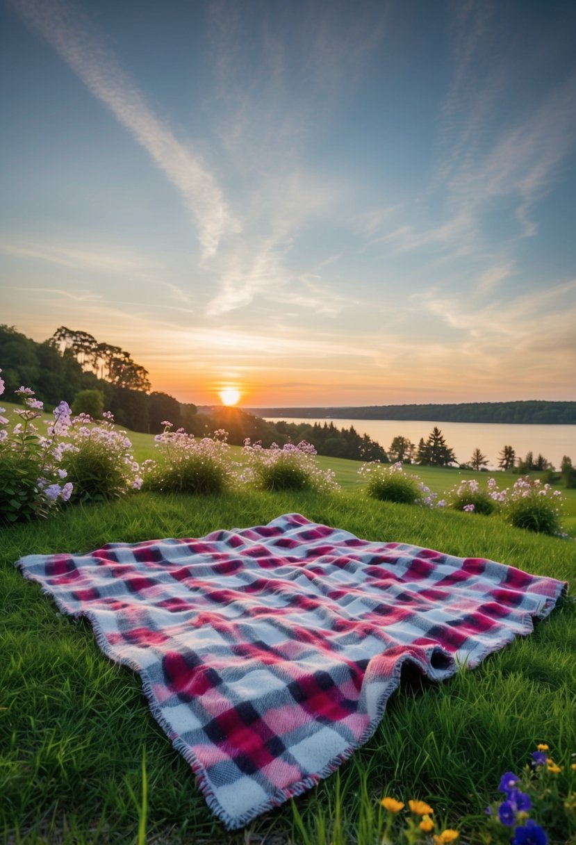 A cozy picnic blanket spread out on a grassy hill, surrounded by blooming flowers and overlooking a serene lake as the sun sets in the distance