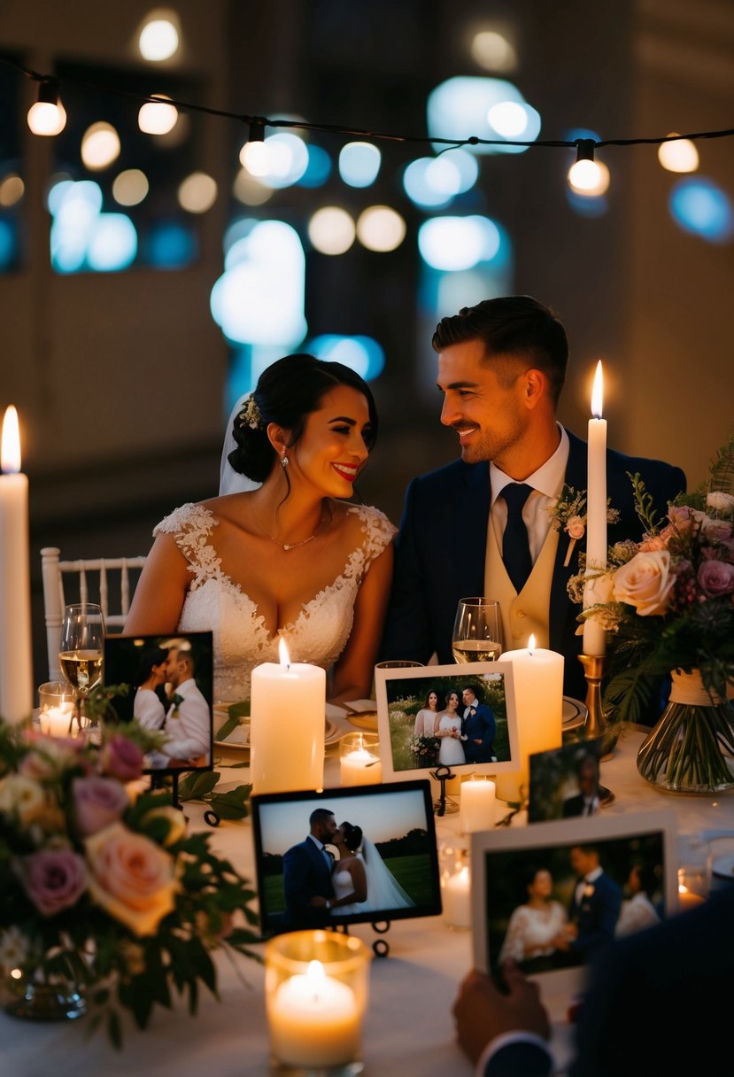 A couple sitting at a candlelit table, surrounded by flowers and photographs from their wedding day