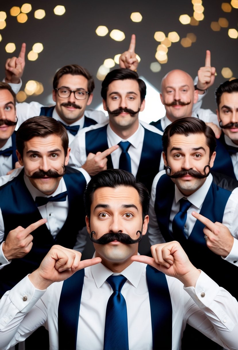 A group of figures in formal attire holding fake mustaches and striking playful poses for a wedding photo