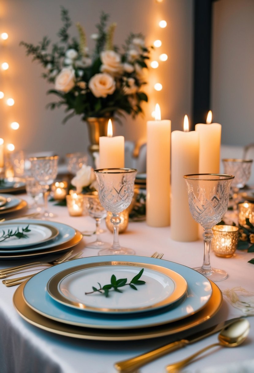 A candlelit table set with elegant dinnerware, surrounded by soft lighting and romantic decor