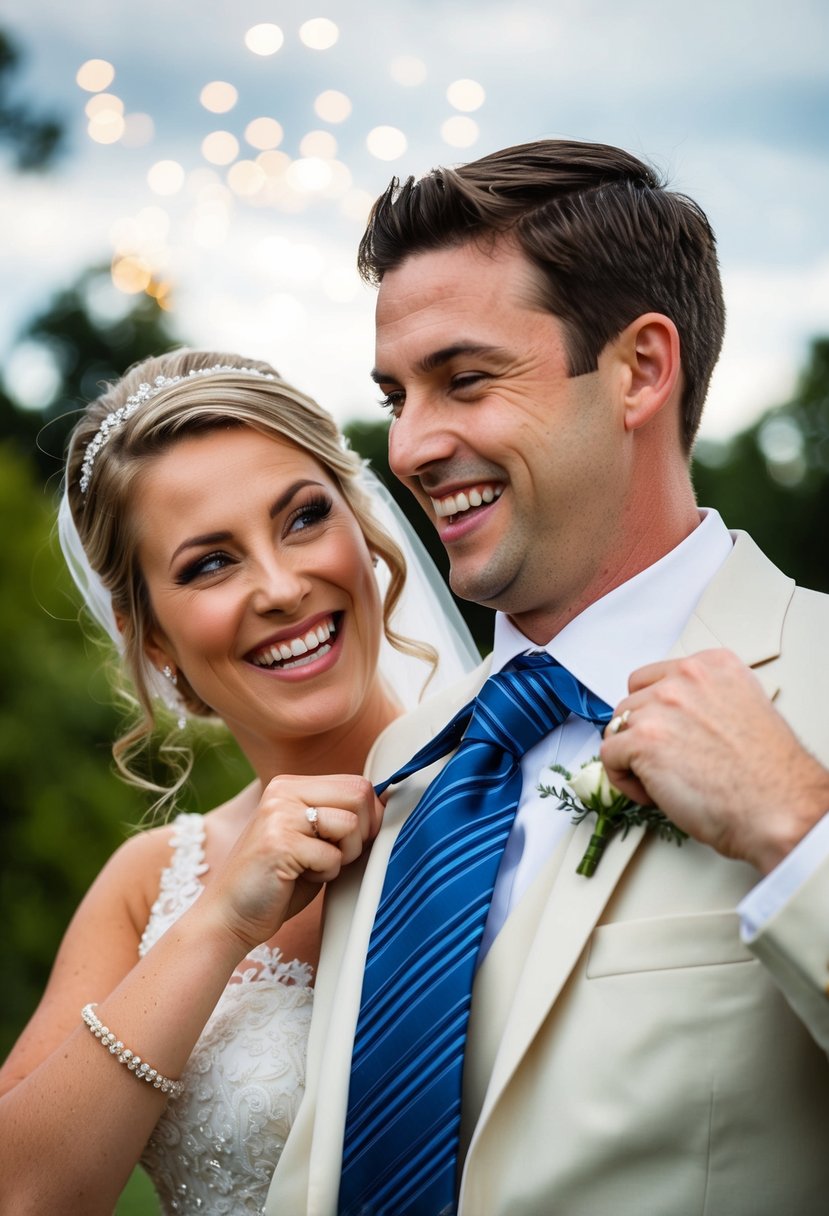 A bride playfully tugging the groom's tie with a mischievous smile