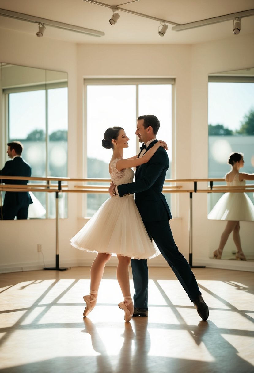 A couple gracefully waltzing in a sunlit studio, surrounded by mirrors and ballet bars, with their shadows casting elegant silhouettes on the floor