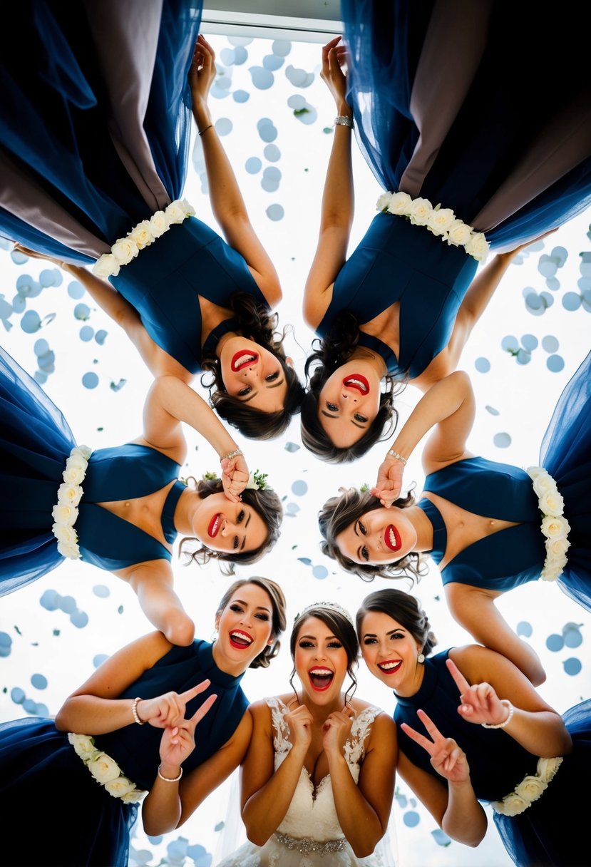 An upside-down photo of a bridal party posing playfully for naughty wedding photo ideas