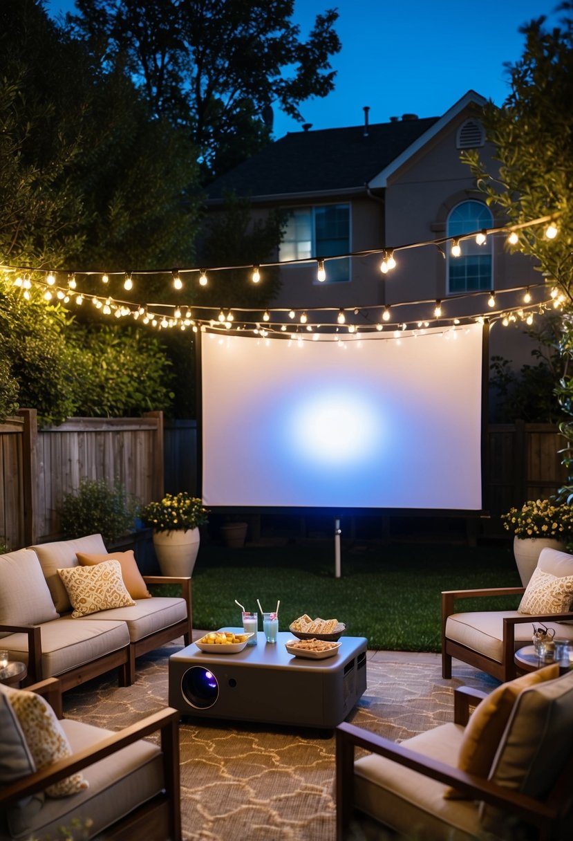 A backyard with string lights, a projector, and a large screen set up for an outdoor movie night. A table with snacks and drinks, surrounded by comfortable seating for a 68th wedding anniversary celebration