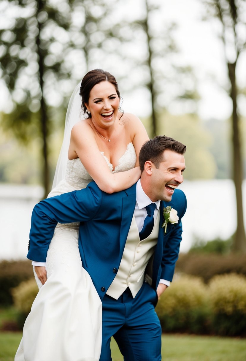 A groom playfully carrying the bride over his shoulder, both laughing