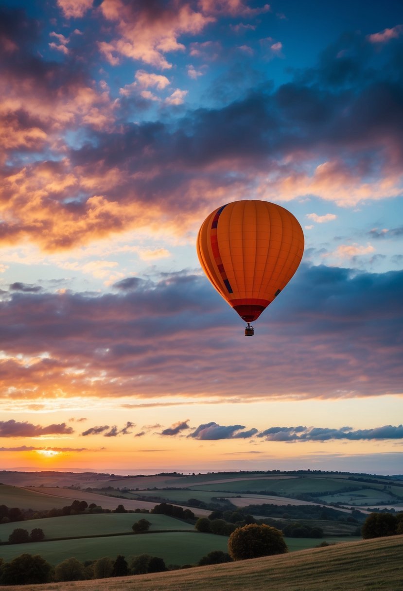 A hot air balloon floats above a picturesque landscape at sunset, with colorful clouds in the sky and rolling hills below