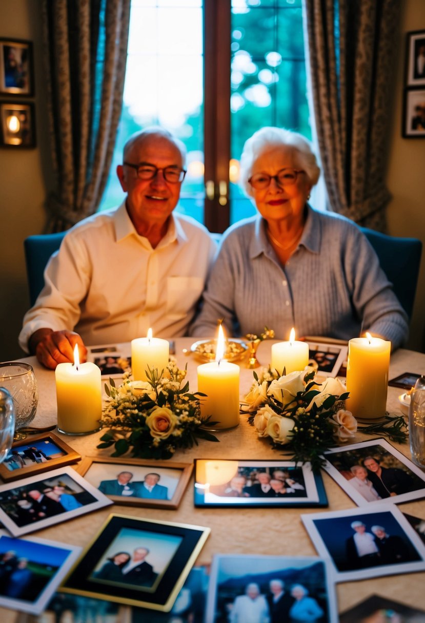 A couple sitting at a candlelit table, surrounded by photos and memorabilia from their 70 years together