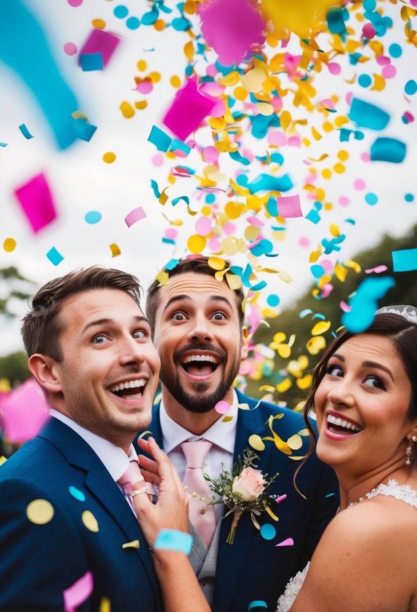 Colorful confetti rains down on wide-eyed faces in a playful wedding photo setting