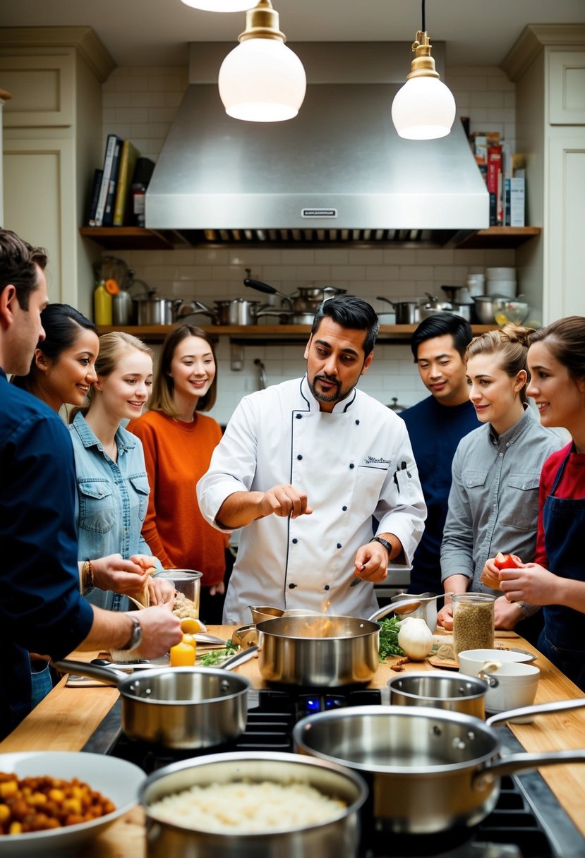 A cozy kitchen with a chef demonstrating to a group of students, surrounded by pots, pans, and ingredients