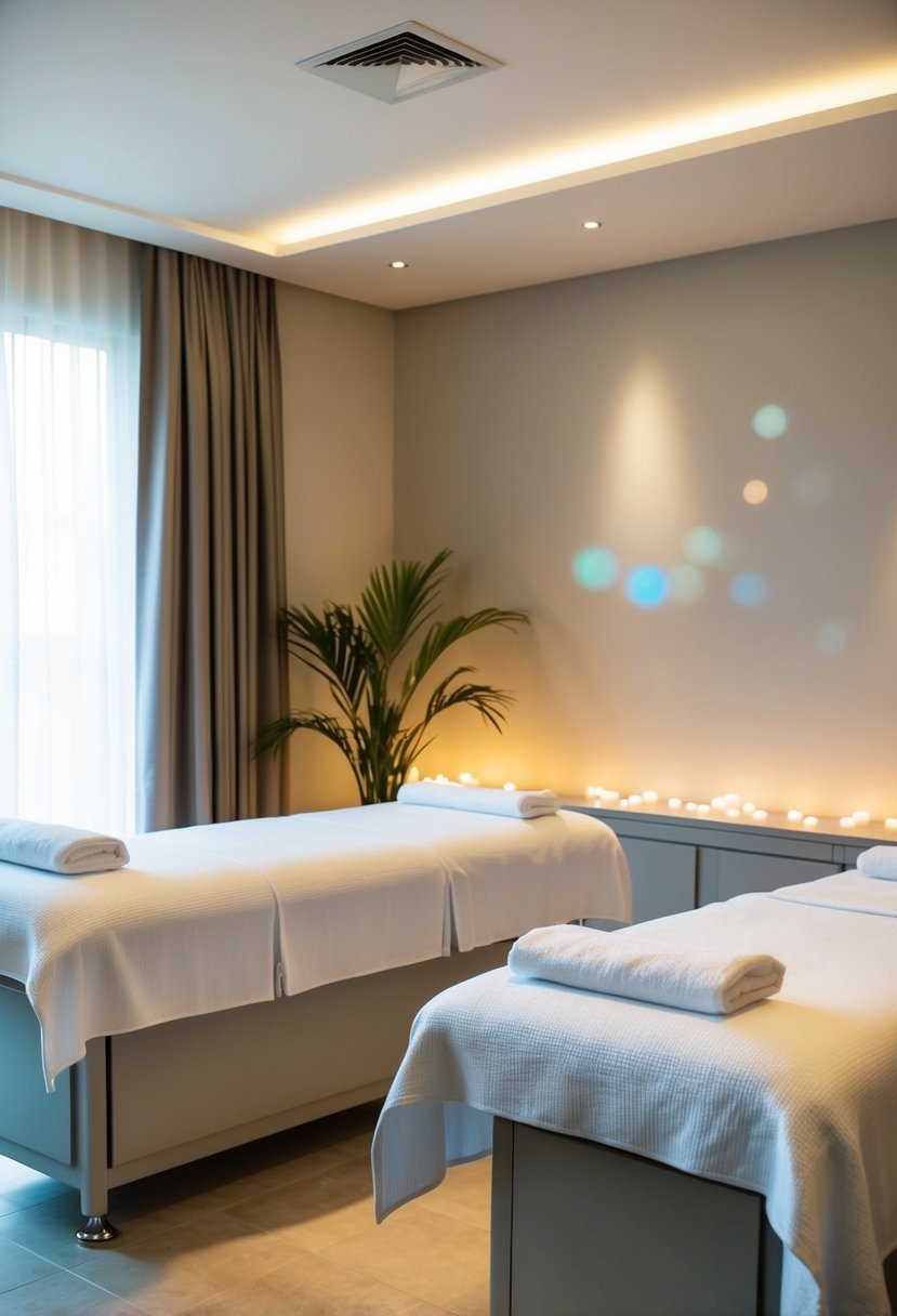 A serene spa room with two massage tables, soft lighting, and calming music