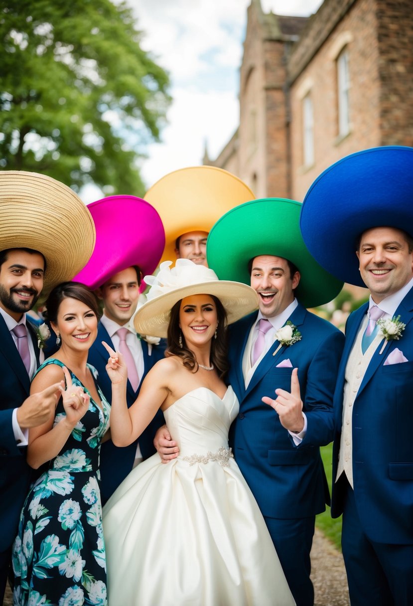 Colorful, oversized hats on a group of figures posing playfully at a wedding, adding a touch of whimsy to the traditional event