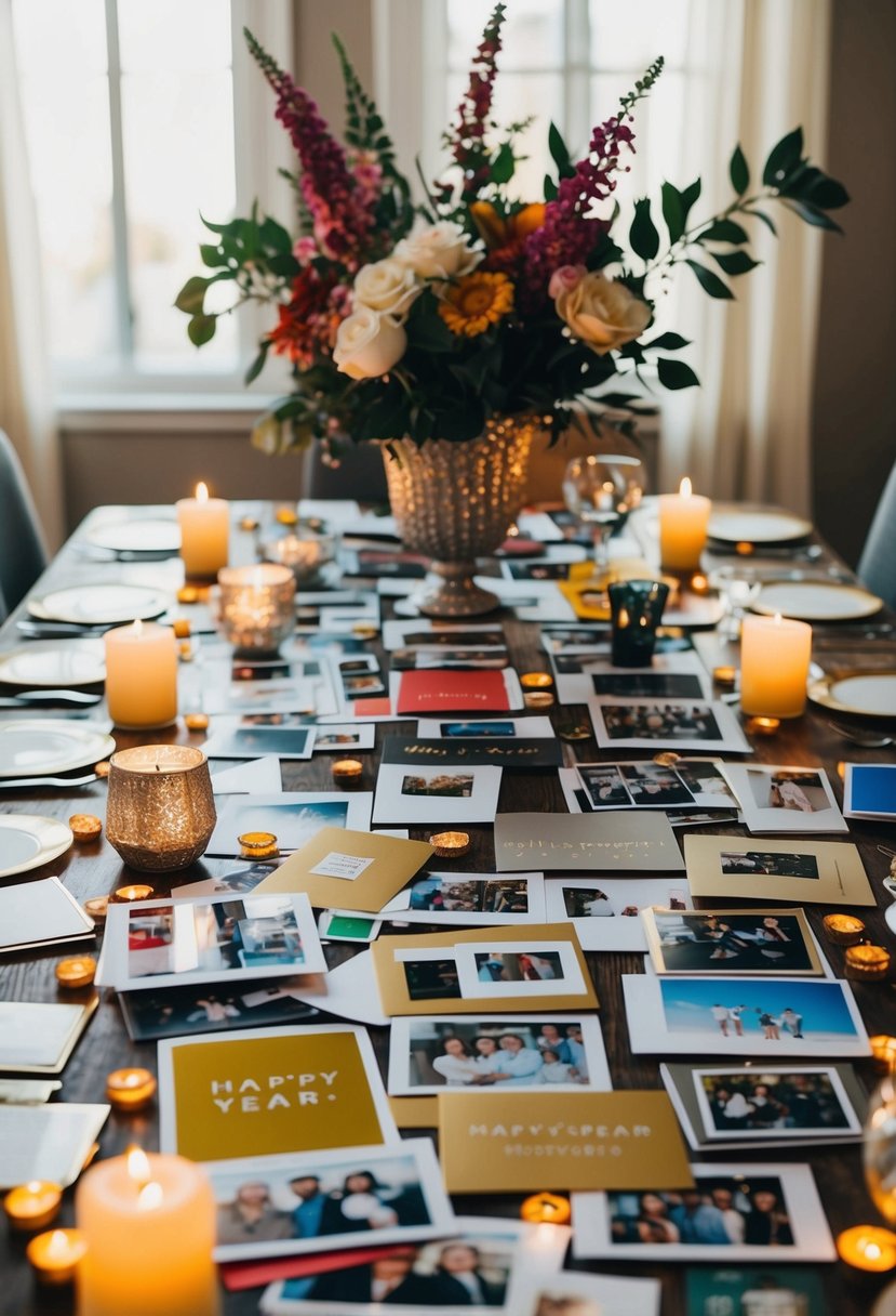 A table covered in photos, cards, and mementos from the past year, surrounded by flowers and candles