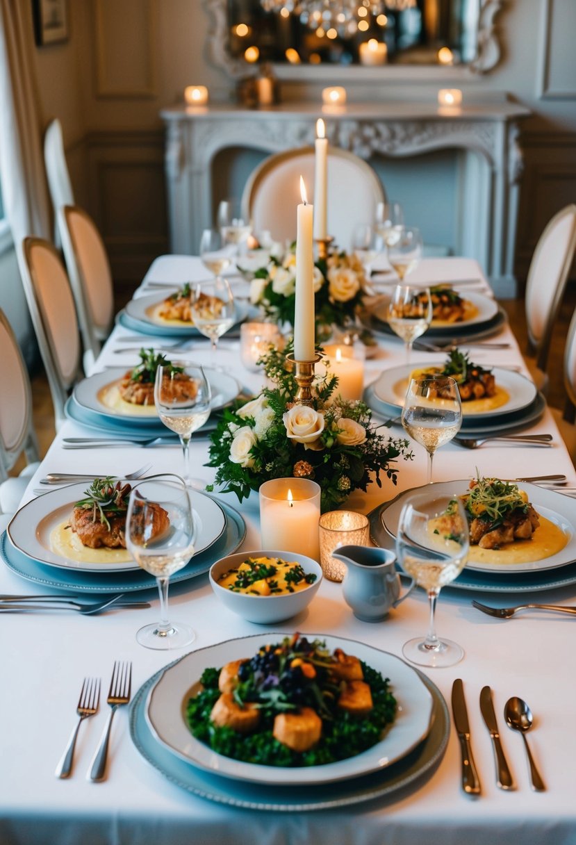 A beautifully set dining table with elegant dinnerware, a candlelit centerpiece, and a sumptuous gourmet meal spread out on platters and serving dishes