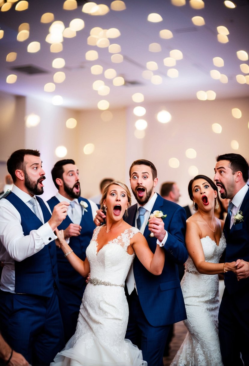 Guests making silly faces as the newlyweds dance, with exaggerated expressions and playful gestures