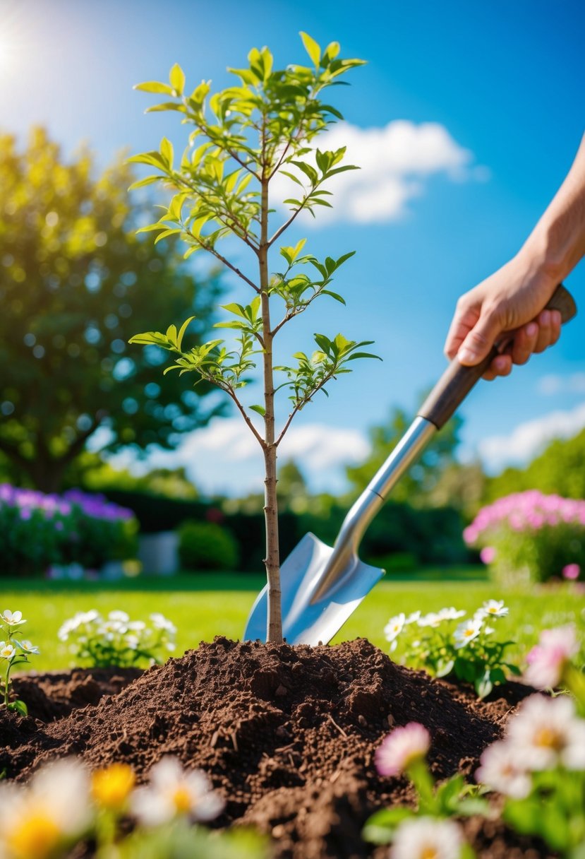 A tree being planted in a garden, with a small shovel and freshly turned soil, surrounded by blooming flowers and a clear blue sky overhead